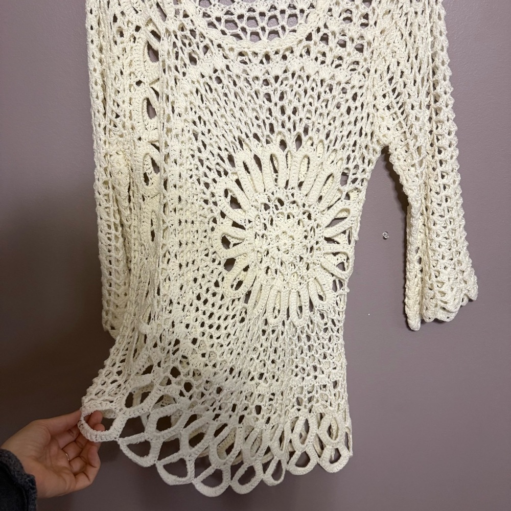 K. Jordan Y2K Crochet Lace Top Ivory Asymmetrical Hem Bohemian Women's Large - Picture 4 of 6